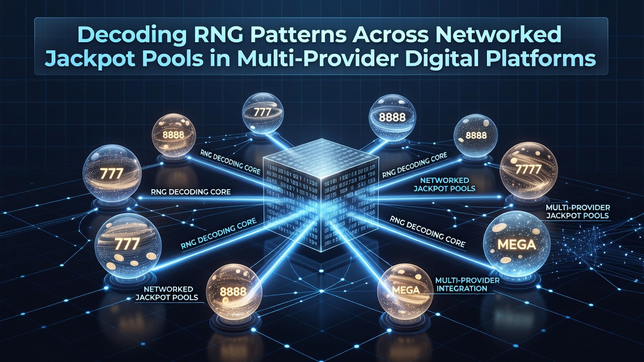 Netzwerkdiagramm vernetzter Jackpot-Pools mit RNG-Komponenten