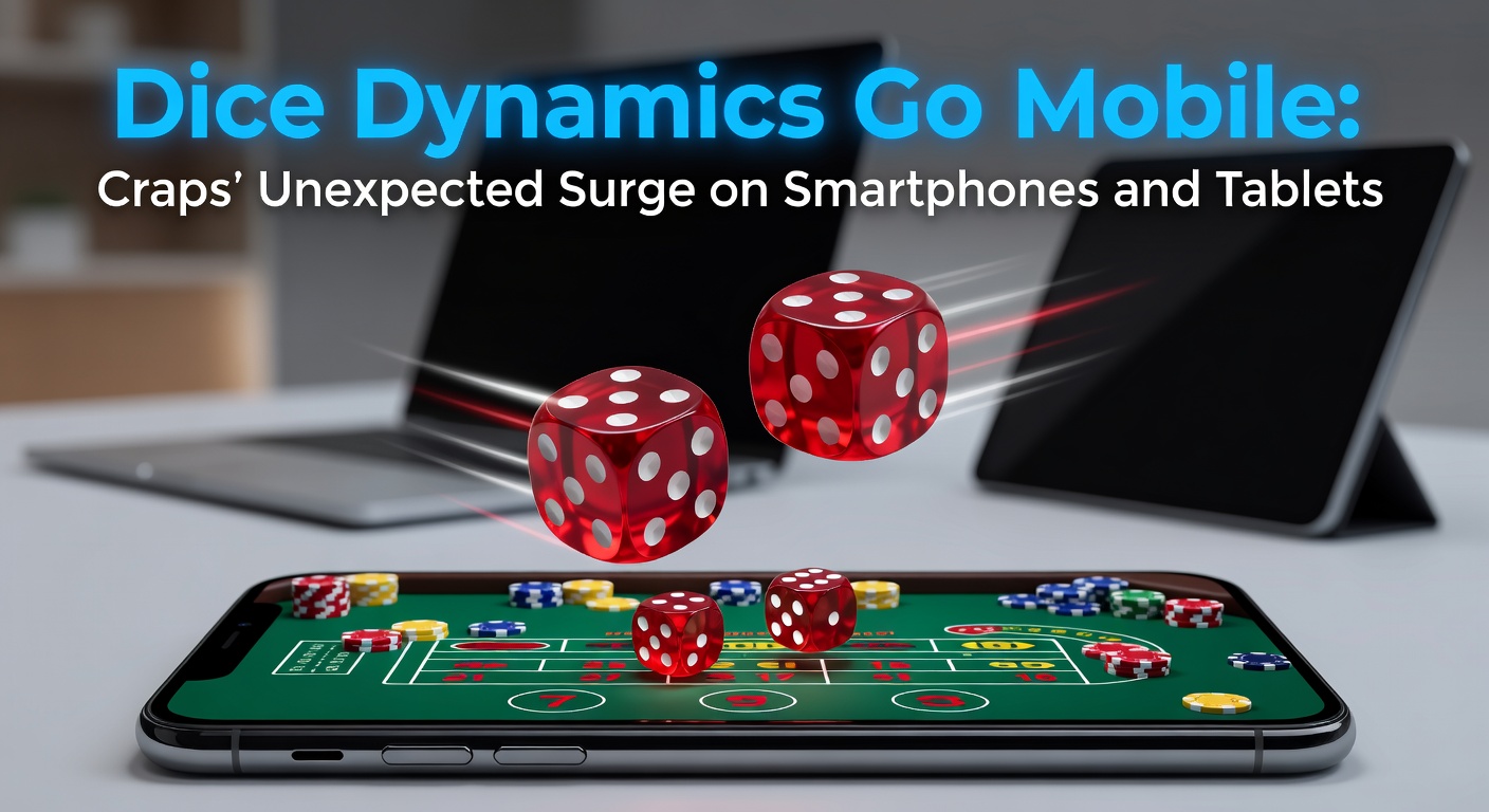 Smartphone mit Craps-App im Vordergrund, Würfel rollen auf dem Bildschirm, umgeben von mobilen Geräten